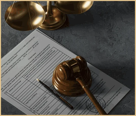 Юридические документы и молоток судьи по делу о банкротстве физических лиц.