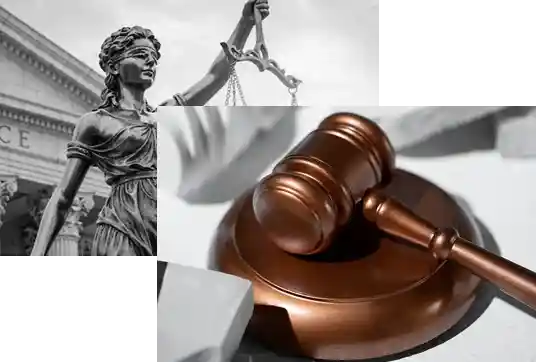 Коллаж с изображением Фемиды и судейского молотка на светлом фоне.